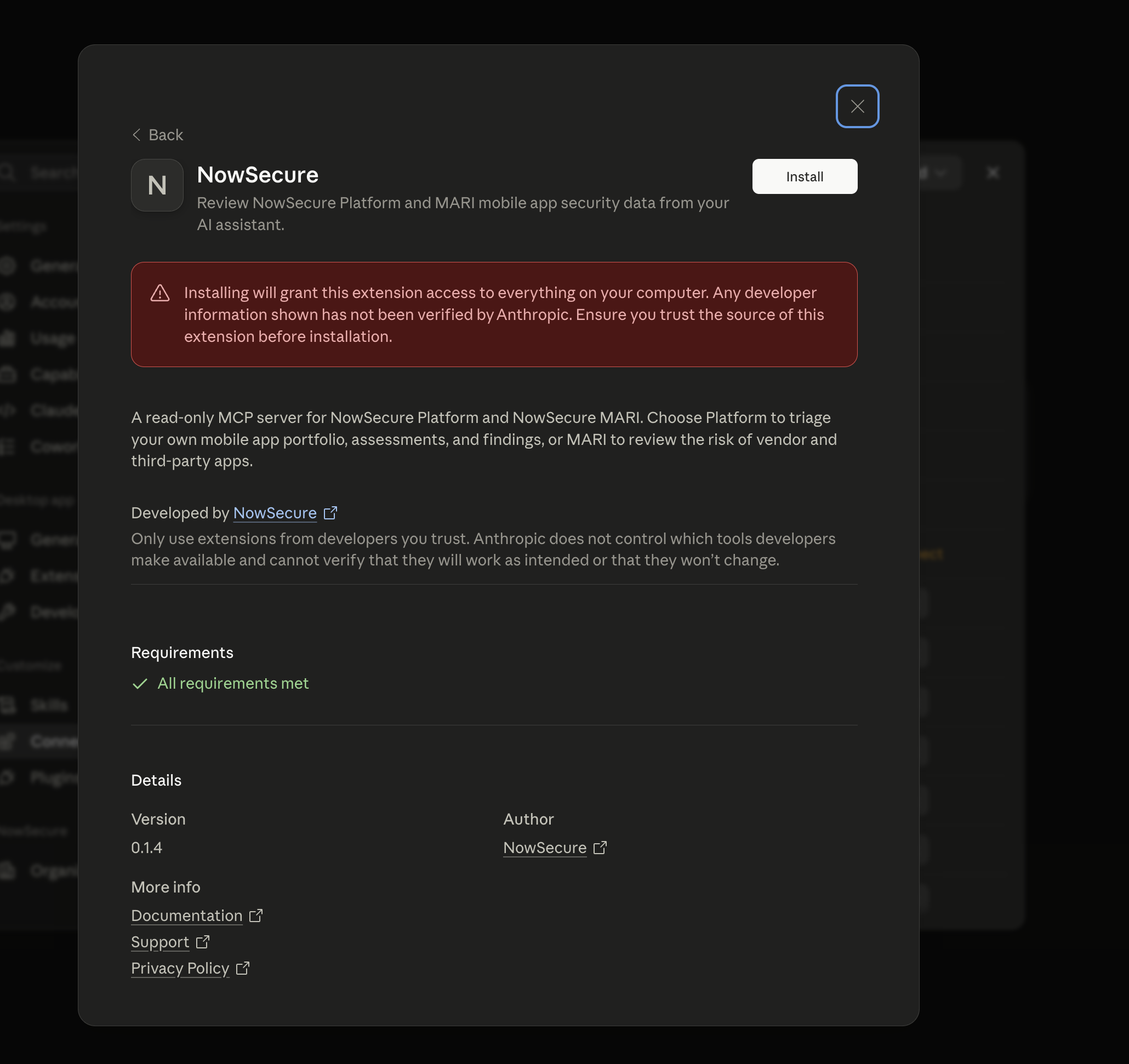Review the NowSecure extension details in Claude Desktop and select Install.