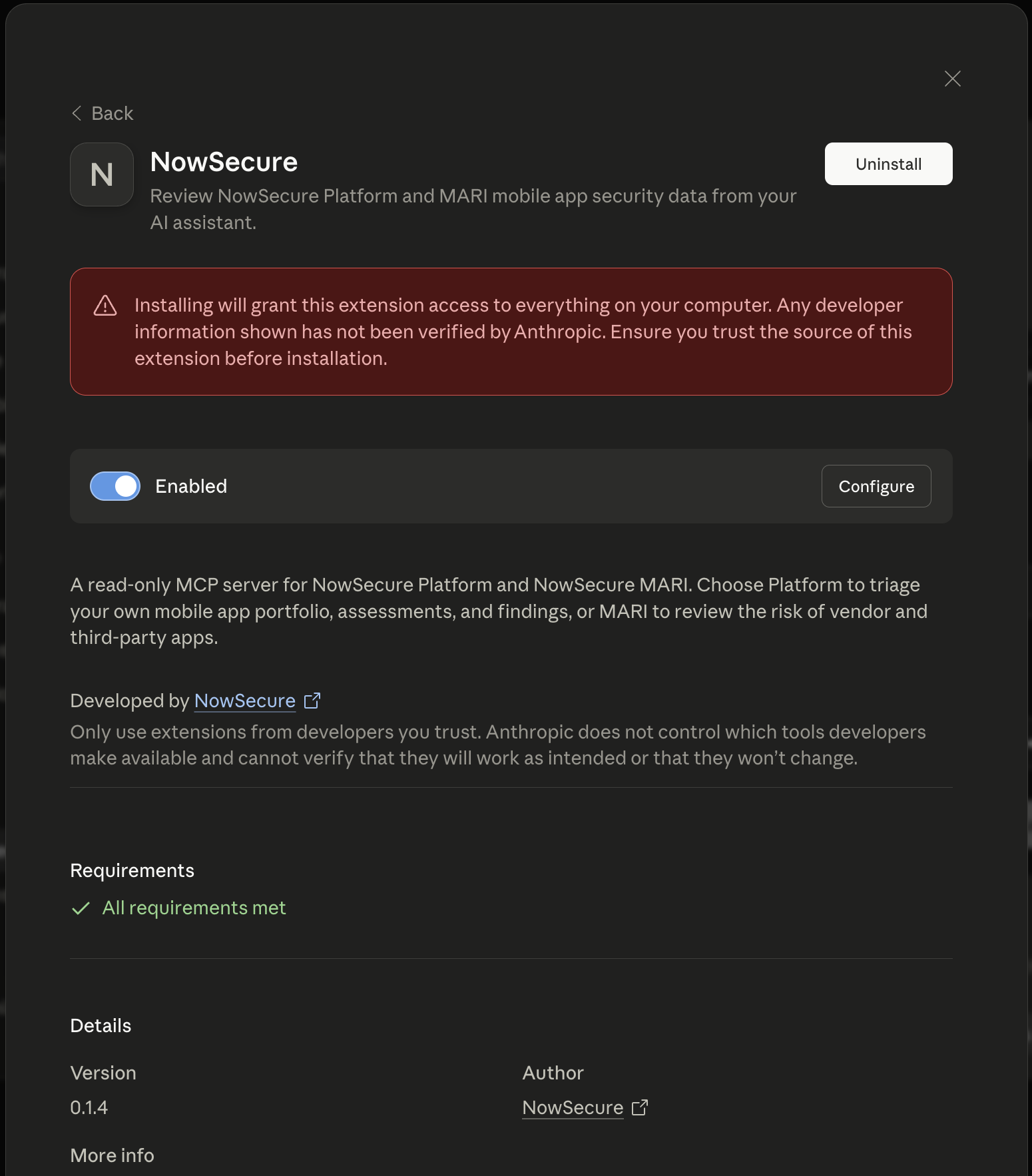 Confirm that the NowSecure extension is enabled in Claude Desktop.
