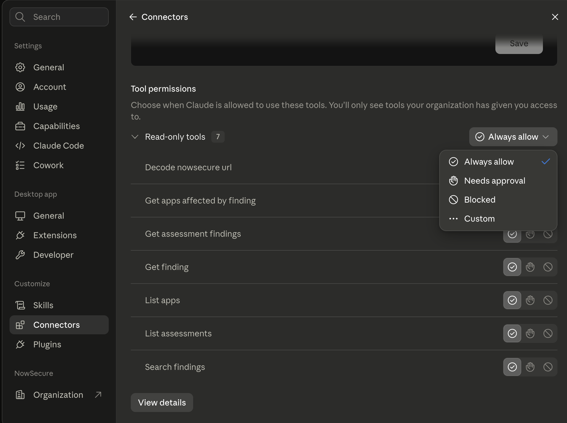 Optional: Set the NowSecure read-only tools to Always allow to avoid approval prompts for each tool call.